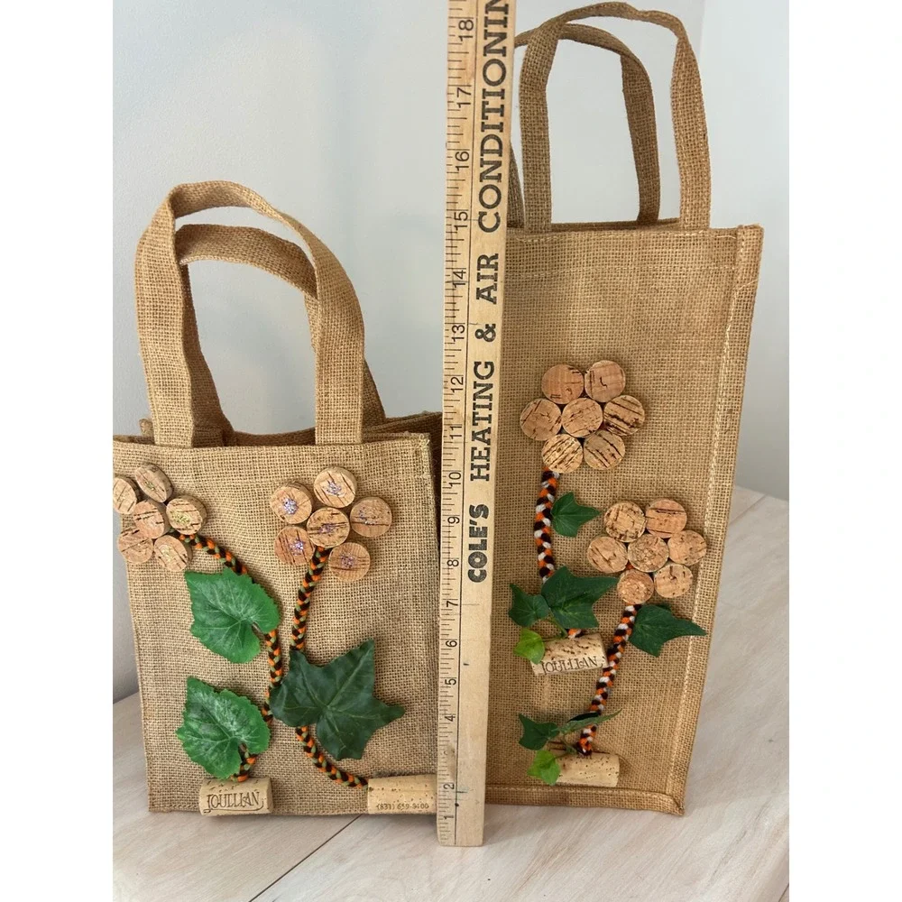 Joullian Vineyards Burlap Wine Gift Bags Set Cork Flower Decor Rustic Jute 2pc